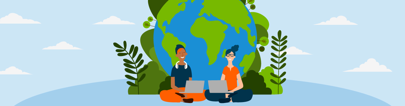 Graphic illustration: Two young people are sitting cross-legged in front of a globe with their laptops open on their laps. The globe is surrounded by various green plants.