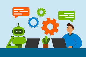 Roboter und Mensch unterhalten sich. Symbolbild für generative KI