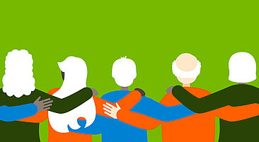 Illustration: Five people from behind grasp each other around the shoulders