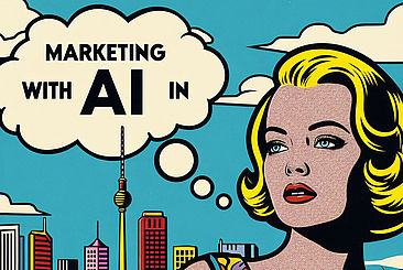 Mit KI generierte Illustration im Roy-Lichtenstein-Stil: blonde Frau vor der Berlin-Skyline mit Gedankenblase "Marketing with AI in"