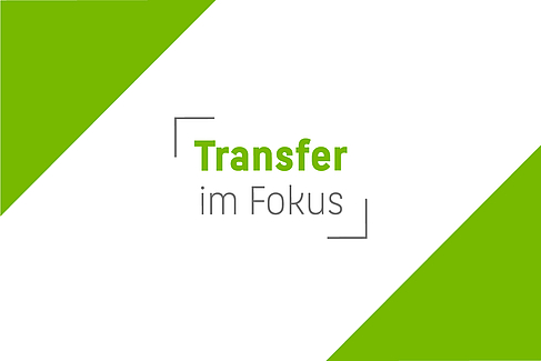 Schriftzug "Transfer im Fokus" auf weißem Grund mit grünen Ecken