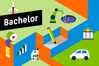 Illustration mit dem Wort "Bachelor" und verschiedenen Symbolen aus Wissenschaft, Technik, Wirtschaft und Bildung, die verschiedene Studienrichtungen illustrieren Illustration mit dem Wort "Bachelor" und verschiedenen Symbolen aus Wissenschaft, Technik, Wirtschaft und Bildung, die verschiedene Studienrichtungen illustrieren.